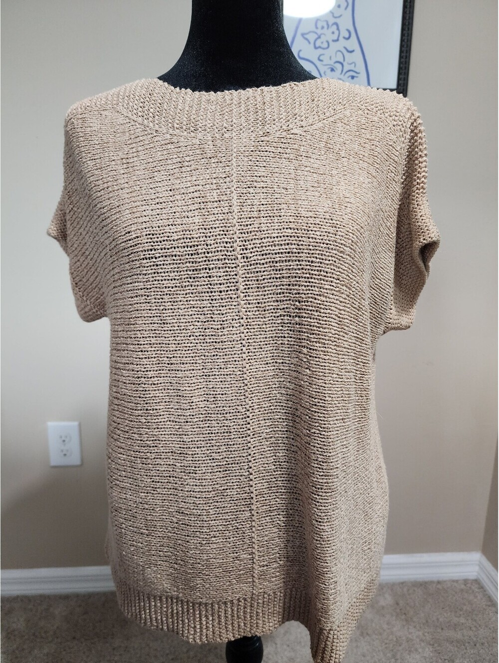 Cable & Gauge Women's Short Sleeve Knit Sweater Top, Size Small, Beige